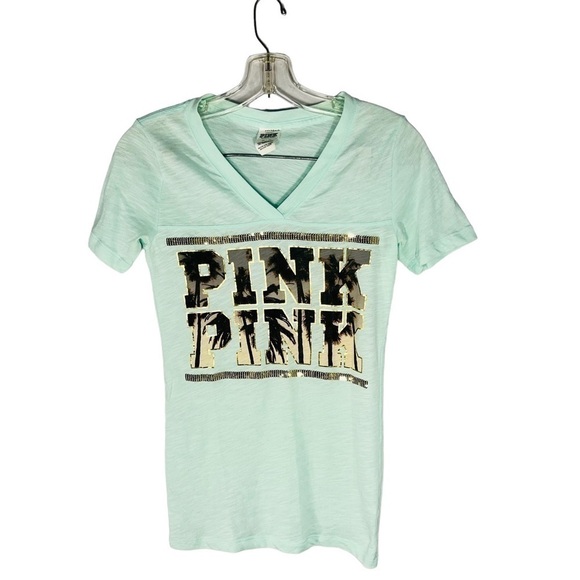 Pink Victoria’s Secret mint green graphic gold sequin v-neck tee shirt size XS - Picture 4 of 9